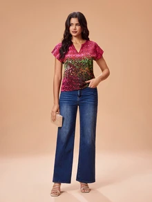 Shutterstock Glamance Women's Gradient Shiny Colorful Sequin Print V-Neck Short Sleeve Blouse, Elegant Mature Casual Sexy For Outings, Work, Office, Daily, Gatherings, Parties, Birthday, Vacation, Middle East Travel, Beach, Swimwear, Bohemian, Halloween, Back To School, Independence Day, Summer - Multicolor - View 5