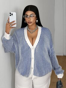 Maweii Plus Size Women's Casual Vintage Long Sleeve Thin Striped Cardigan Sweater, Suitable For Autumn/Winter - Blue and White - View 5