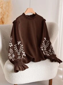 CosyJoli 大尺碼女款植物刺繡襯衫 - 摩卡棕 - 查看 3