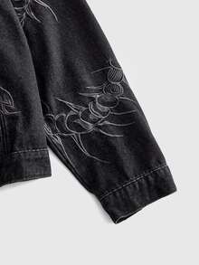 ROMWE MEN Men's Vintage Black Washed Denim Jacket, Gothic Centipede Embroidery Lapel Button-Up, Y2K Dark Punk Street Style Long Sleeve Denim Jacket, Loose Fit Washed Workwear Denim Top, Suitable For Autumn/Winter Daily Streetwear - Black - View 4