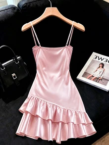SHEIN Franclia 女款純色百褶細肩帶洋裝，適合約會與派對 - 粉色 - 查看 2