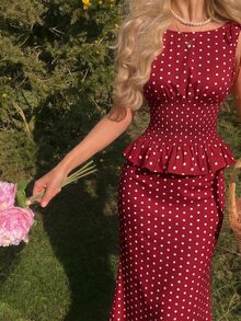 SHEIN MOD Conjunto de Top de Tirantes con Cintura Fruncida y Plisada y Falda de Sirena con Lunares - Rojo - Ver 1