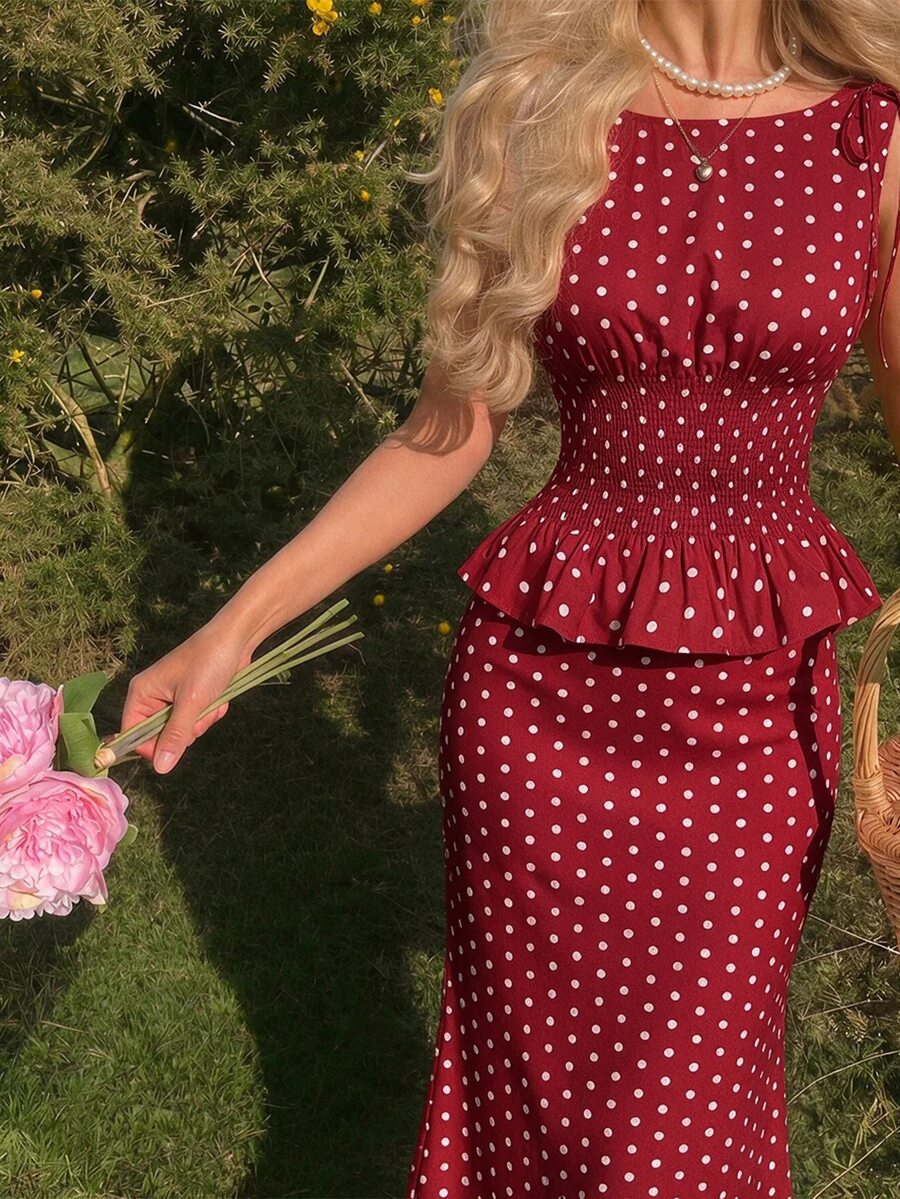 SHEIN MOD Conjunto de Top de Tirantes con Cintura Fruncida y Plisada y Falda de Sirena con Lunares - Rojo - Ver 1