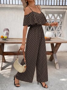 SHEIN Clasi 女款波點圖案荷葉邊露肩時尚連身褲，適合度假 - 彩色 - 查看 4