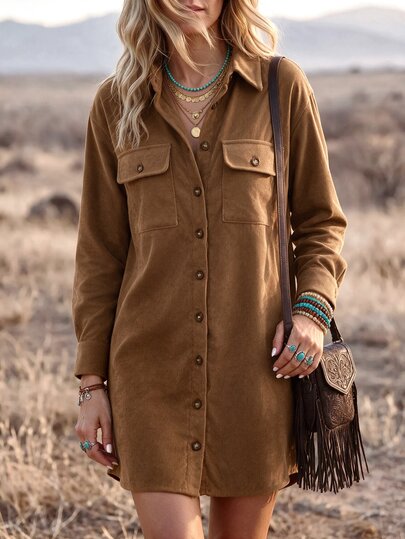 Wildy BOHO Casual Western Country Nomad Women's Autumn/Winter Daily Basic Corduroy Long Sleeve Short Dress Everyday Going Out Brown Autumn