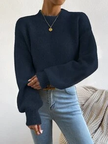 SHEIN 女款極簡優雅海軍藍圓領針織燈籠袖套頭衫，適合日常購物、休閒、度假、旅行、約會 - 藏蓝色 - 查看 7