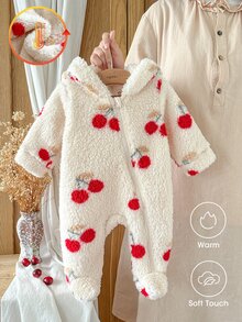 SHEIN Vintaside Kids 1件新生女嬰連腳連身衣 可愛甜美杏紅櫻桃印花熊耳長袖連帽加厚毛絨保暖裝 聖誕冬季秋季假期款 - 紅白色 - 查看 4