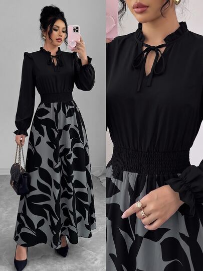 Elenzga Women's Elegant Spring/Autumn Vacation & Commute Black V-Neck Bow Tie Waist Cinched Leaf Print Patchwork A-Line Flared Draped Dress
