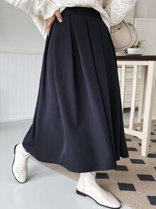 Dazy Plus Elastic Waist Pleated A-Line Fun Commute Versatile Long Skirt - Navy Blue - View 3