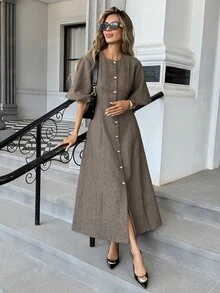 Pariaura New Vintage Long Sleeve Single-Breasted Loose Slimming Elegant Commute Herringbone Wool Long Dress - Multicolor - View 1