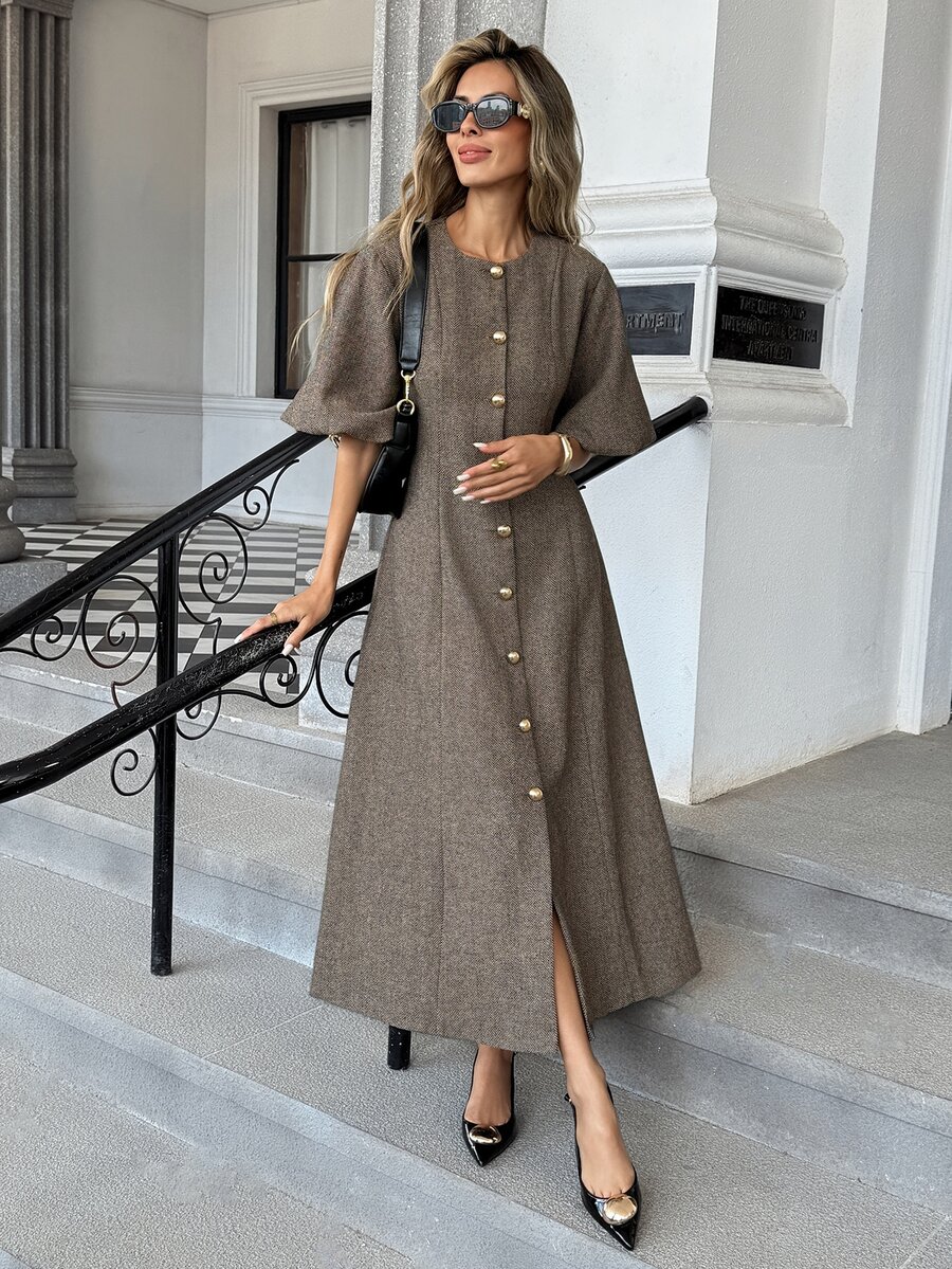 Pariaura New Vintage Long Sleeve Single-Breasted Loose Slimming Elegant Commute Herringbone Wool Long Dress - Multicolor - View 1