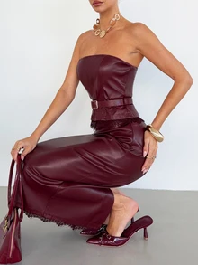 Siren Gaze Women's Lace Patchwork Bandeau Top And Skirt Fashion 2 Pieces Set - Burgundy - View 5