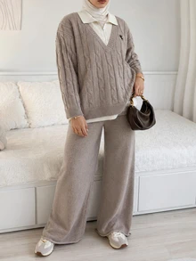 Feyla Plus Size Women's Knight Graphic 2 In 1 Patchwork Long Sleeve Top And Pants Knit Set - Khaki - View 6