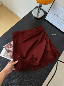 Muvela 女款優雅通勤純色蕾絲拼接裙 - 紅色 - 查看 5