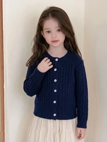 Dazy Kids Young Girls' Casual Cardigan Sweater, Basic Autumn/Winter Outer Layer, Navy Blue Contrast Color Button Front - Navy Blue - View 6