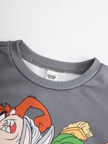 LOONEY TUNES X SHEIN Young Boy Cartoon Pattern Crew Neck Long Sleeve Sweatshirt And Sweatpants Set - Dark Grey - View 3