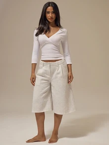 MUSERA ESSENTIALS White Ruched Bust Wrap Front Long Sleeve Slim Fit Tee Top Casual Loungewear Everyday - White - View 2
