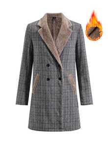 Editum Women's Winter Fashion Plaid Double-Breasted Overcoat - Grey - View 7