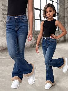 SHEIN TWEEN GIRLS 青少年女孩牛仔褲，復古水洗色，街頭時尚，水洗磨損破洞下擺，喇叭褲腿款，百搭時尚新品 - 深色水洗藍 - 查看 3