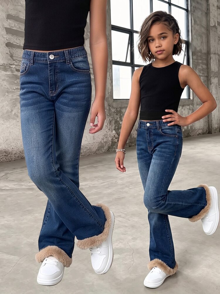 SHEIN TWEEN GIRLS GirlsDenim Jeans, Vintage Casual Streetwear Washed Color, Distressed Ripped Hem, Flared Leg Style, Beach School Navy Blue Summer - Dark Wash - View 3