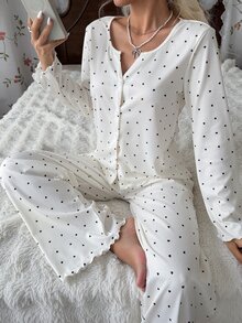 CottageSlumber Women's 2-Piece Pajama Set With Button-Front V-Neck Heart Print Long Sleeve Top And Long Pants - Beige - View 6