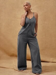 Vixey Adjustable Cami Strap Wide Leg Denim Jumpsuit With Pockets - Black - View 1
