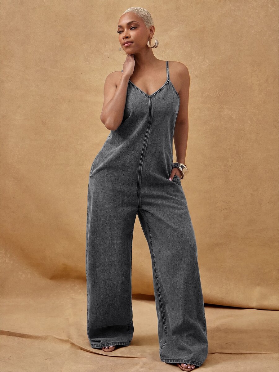 Vixey Adjustable Cami Strap Wide Leg Denim Jumpsuit With Pockets - Black - View 1
