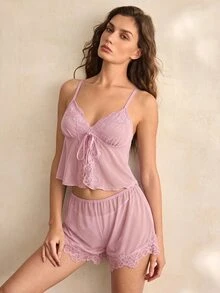 Charlaine Women's Lace Patchwork Camisole Top And Shorts Casual Daily Home Sleepwear Set - Pink - View 7