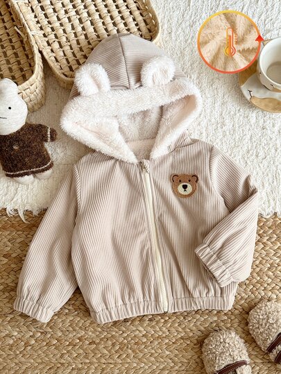 SHEIN Vintaside Kids Baby Boy Baby Girl Unisex Infant Toddler 0-3 Years Old Cute Casual Corduroy Fleece Lined Thick Bear Head Patch 3D Ear Decor Hooded Zipper Corduroy Jacket, Baby Boy Autumn/Winter Jacket