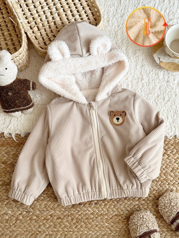 SHEIN Vintaside Kids Baby Boy Baby Girl Unisex Infant Toddler 0-3 Years Old Cute Casual Corduroy Fleece Lined Thick Bear Head Patch 3D Ear Decor Hooded Zipper Corduroy Jacket, Baby Boy Autumn/Winter Jacket