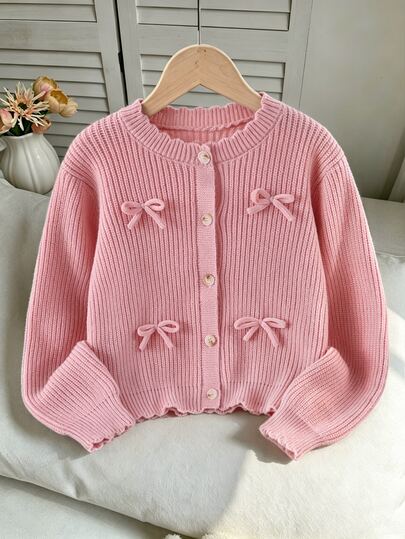 SHEIN Tween Girl) Cardigan Autumn/Winter New Pink Thick Hand-Knitted Bow Sweater Round Neck Button-Up Regular Shoulder Long Sleeve Cardigan Suitable For Pairing With Spaghetti Strap Dresses/Tops Knit Cardigan Outerwear Single Wear Soft Comfortable Fabric Suitable For Casual Gatherings Outings And Various Occasions