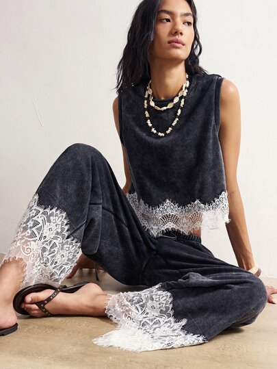 Bohemela Women's Colorblock Lace Patchwork Tank Top & Long Pants 2 Pieces Set
