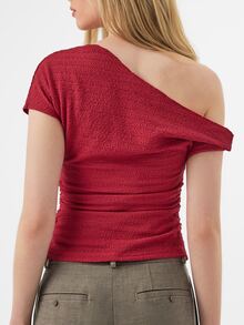 KÆRIA Hus One-Shoulder Twist Top - Textuburgundy Comfort Stretch Knit - Asymmetric, Draped, Night Out, Birthday, Elegant, Sexy, Summer, Fall, School, Date Night - Red - View 6