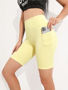 SHEIN Sports Solid Color High Waist Seamless Sports Shorts - Pale Yellow - View 5
