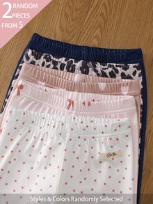 SHEIN 2件隨機女童幼兒可愛愛心豹紋星星圖案印花短袖上衣與長褲套裝，柔軟針織粉色米色休閒四季穿搭內搭褲 - 彩色 - 查看 4