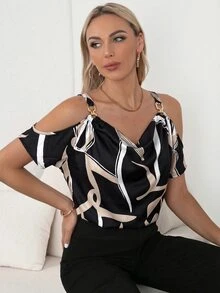 SHEIN Clasi 全印花露肩鍊條裝飾上衣 露肩上衣 - 黑色 - 查看 6