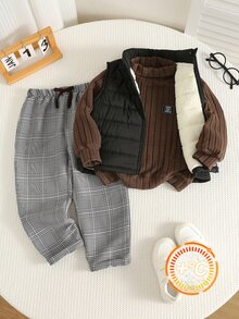 SHEIN 兒童小男孩彩色條紋圓領長袖套頭運動衫，彈性腰長秋季長褲，3件套，百搭舒適 - 彩色 - 查看 7