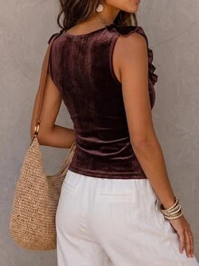 Solivie 女款素色百褶休閒百搭日常穿著上衣 - 棕色 - 查看 3