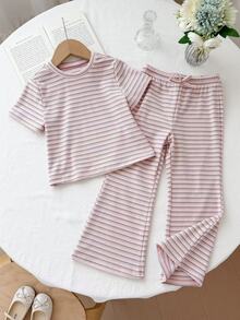 LMoss Kids 女童條紋短袖T恤與長褲休閒日常套裝 - 淺粉色 - 查看 3