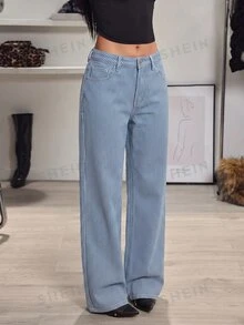 SHEIN Tall 女款鈕扣口袋水洗直筒牛仔褲 - 彩色 - 查看 5