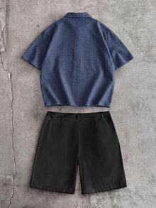 AXEPEAK 男士夏季休閒條紋襯衫短褲套裝 - 彩色 - 查看 3