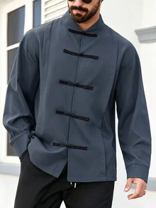 Manfinity Homme 男士大尺碼秋季休閒青蛙鈕扣襯衫 - 霧霾藍 - 查看 4