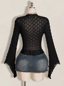 SHEIN ICON Y2K 棕色秋季不對稱下擺喇叭袖復古植絨網紗透視前開襟女款上衣 - 黑色 - 查看 2