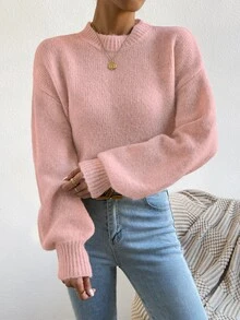 SHEIN 女款簡約優雅蓮花粉圓領針織燈籠袖套頭衫，適合日常穿著、購物、休閒、度假、旅行、約會 - 藕粉色 - 查看 7