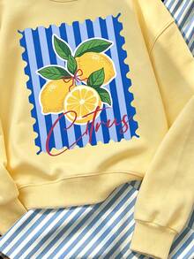 (1 Set) Autumn/Winter Girls Casual Fresh Lemon Blue Gradient Vertical Striped Letter Print Crew Neck Sweatshirt & Wide Leg Pants Set - Multicolor - View 5