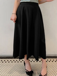 Dazy Plus Solid Color Fun Commuter Office Formal Wear Versatile A-Line Mid-Length Elegant Business Casual Skirt Black Fall - Black - View 3