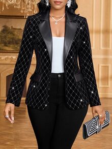 SHEIN Lady 女款鑽石格紋絎縫休閒百搭通勤西裝外套 - 黑色 - 查看 4