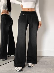 Flexra Vintage Gradient Washed Comfortable Elastic Drawstring Waist Distressed Denim Loose Flared Pants Four-Way Stretch Slimming Leg-Lengthening Bell Bottom Long Pants Commute Slouchy Casual Super Soft Jeans - Black - View 5