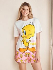 LOONEY TUNES X SHEIN Women's Cartoon Print Top & Shorts Pajama Set - White - View 3