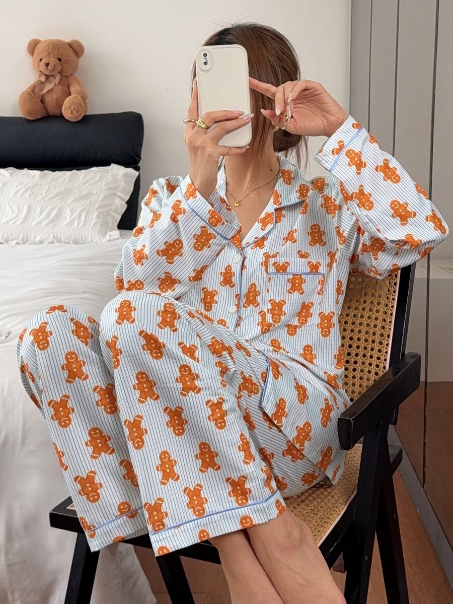 Napfluff طقم بيجامة نسائي مخطط برسمة رجل الزنجبيل مع ياقة وأكمام طويلة وبنطال - متعدد الألوان - مشاهدة 1